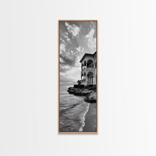 Italian Villa Coast, Seaside Architecture Print, Elegant Travel Decor, Framed Canvas Print, Dining Room Wall Art, Monochrome