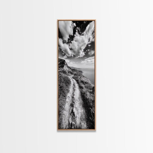 Cliffside Trail View, Path to Sea, Mountain Landscape, Framed Canvas Print, Wanderlust Decor, Office Wall Art, Adventure Travel Aesthetic