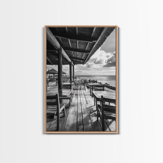 Seaside Café, Coastal Patio, Ocean View, Canvas Print, Rustic Kitchen Wall Art, Tropical Dining Decor, Travel Lifestyle Art