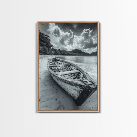Abandoned Rowboat, Tropical Coastline, Vintage Travel Vibes, Black and White Canvas Print, Beach House or Coastal Living Wall Art