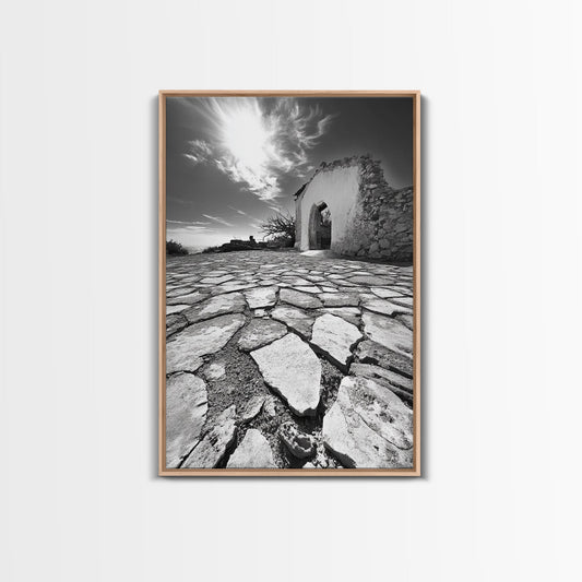 Desert Archway, Stone Ruins, Sunny Sky, Canvas Print, Rustic Travel Wall Art, Mediterranean Decor, Minimalist Earthy Aesthetic