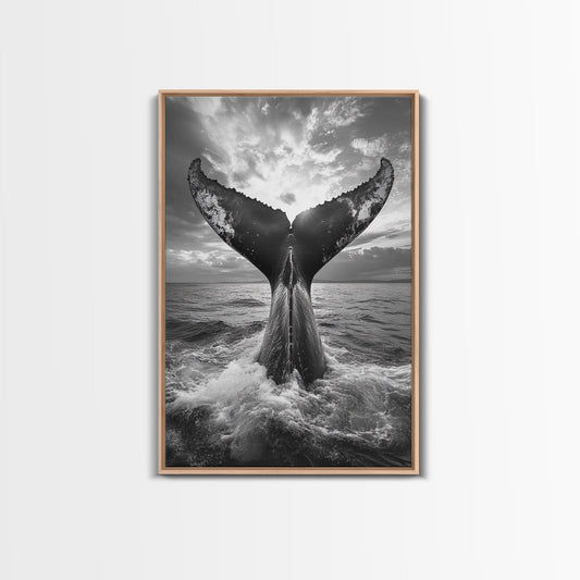 Whale Tail Splash, Ocean Sunset, Marine Majesty, Powerful Moment, Framed Canvas Print, Nautical Art, Coastal Living Room Decor