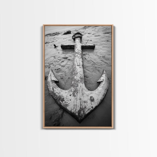 Abandoned Anchor, Nautical Decor, Black White Beach, Framed Canvas Print, Rustic Coastal Wall Art, Entryway Nautical Accent