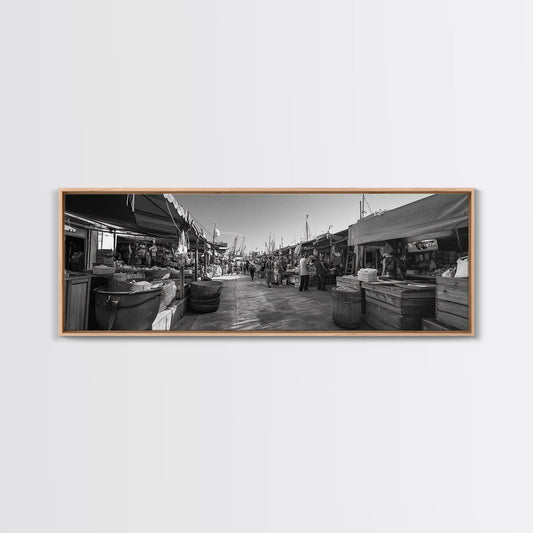 Mediterranean Market Scene, Travel Wall Decor, Rustic Street View, Framed Canvas Print, Kitchen Wall Art, Black and White Photography