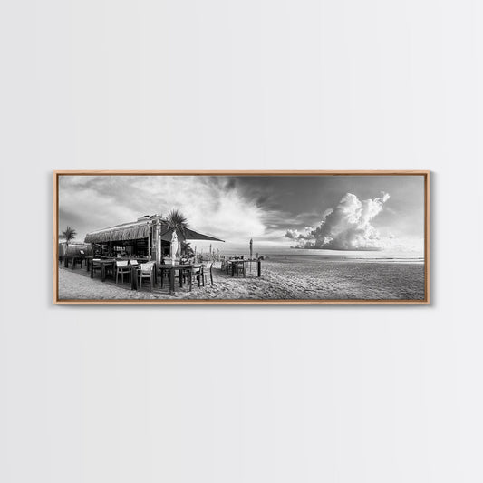 Seaside Bar, Beach Café, Oceanfront Dining, Cloudy Sky, Framed Canvas Print, Kitchen Wall Art, Black and White Tropical Art, Travel Decor
