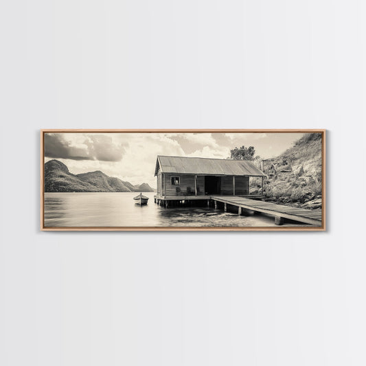 Lake Cabin, Rustic Dock, Mountain View, Serene Water, Framed Canvas Print, Entryway Wall Art, Vintage Travel Decor, Cozy Lakehouse Art