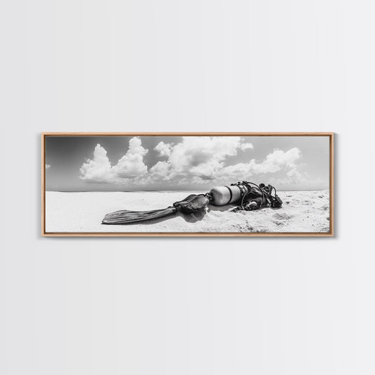Scuba Gear, Deserted Beach, Ocean Explorer, Framed Canvas Print, minimalist beach decor, scuba diver gift, ocean wall art, travel lover art
