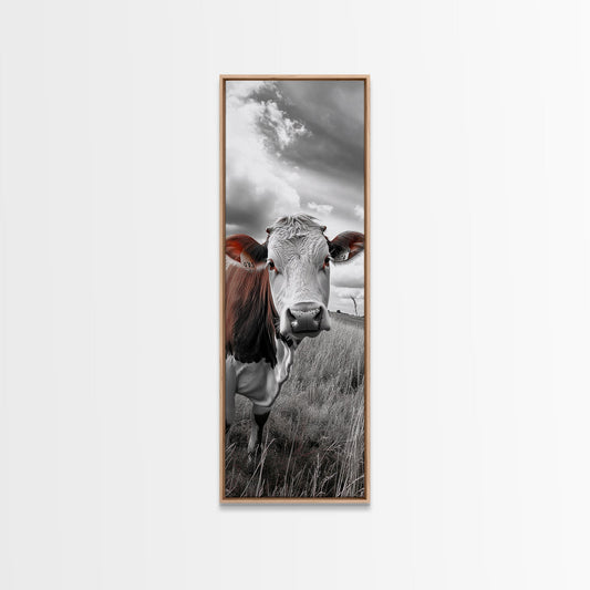 Curious Cow Portrait, Rustic Farmhouse Decor, Country Field Vibe, Framed Canvas Print, Western Wall Art, Kitchen or Dining Room Accent