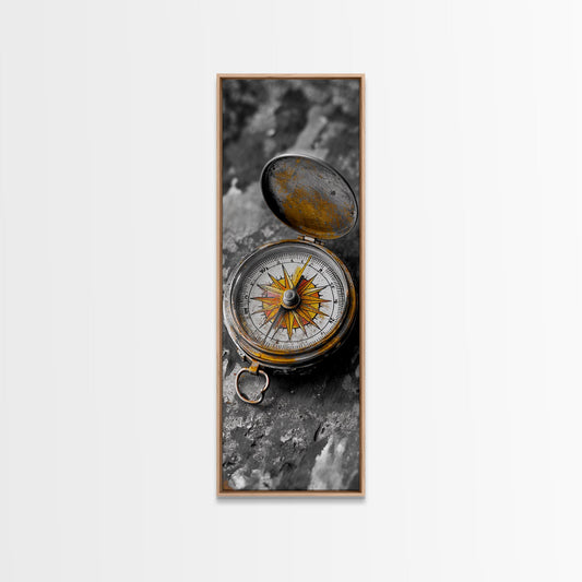 Antique Compass, Wanderlust Charm, Vintage Travel Art, Framed Canvas Print, Rustic Decor, Library or Study Wall Art, Adventure Seeker Gift