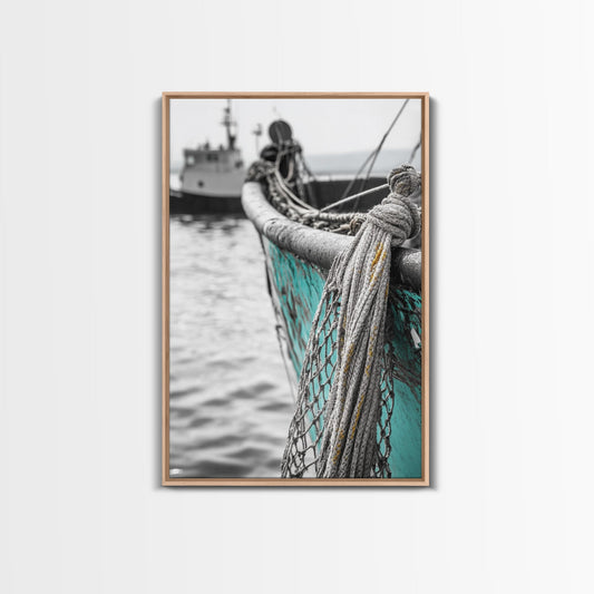 Nautical Texture, Vintage Boat, Rope Detail, Fishing Vessel, Framed Canvas Print, Coastal Wall Art, Rustic Decor, Maritime Photography