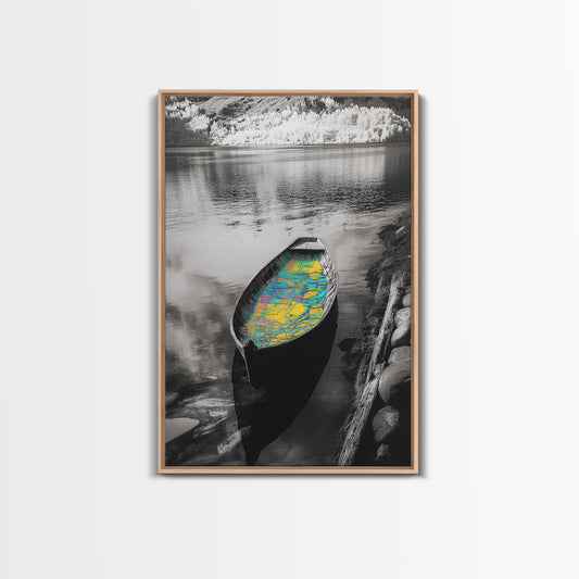 Rowboat Map Interior, Lake Reflections, Artistic Travel Theme, Canvas Print, Cabin Wall Art, Unique Lake House Decor, Explorer Style