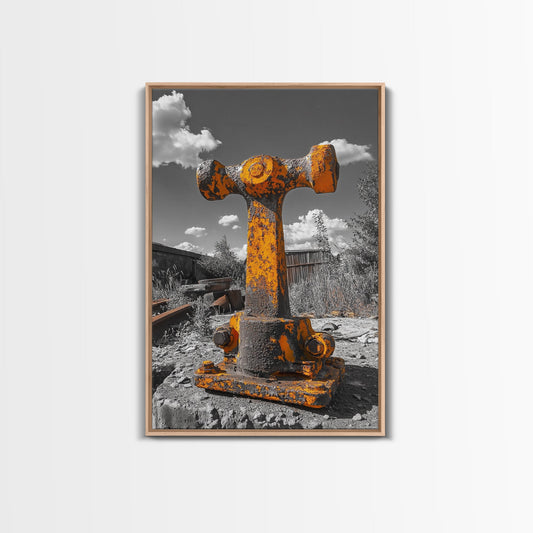 Rusty Bolt, Yellow Steel, Industrial Contrast, Framed Canvas Print, Garage Decor, Workshop Wall Art, Urban Grunge Photography