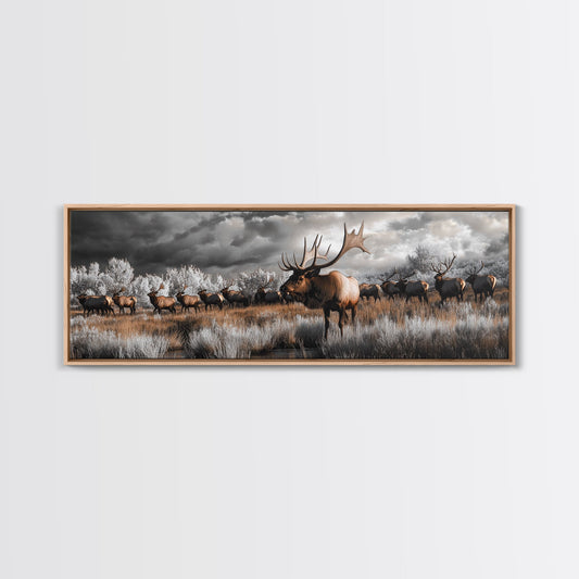 Elk Herd, Majestic Wildlife, Autumn Landscape, Framed Canvas Print, lodge decor, rustic mountain wall art, moody nature canvas