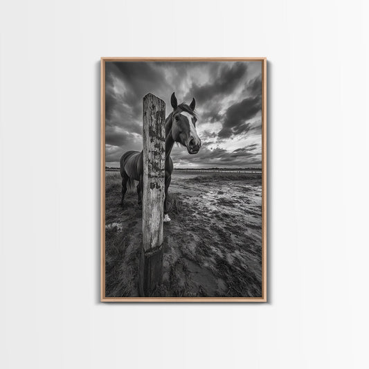 Horse wall art, vintage horse art, rustic decor, black and white photography, moody art, extra wide art, framed canvas print, farmhouse art