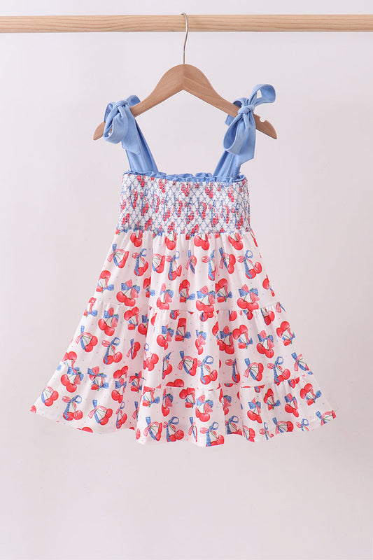 Blue cherry smocked tiered mom&me dress