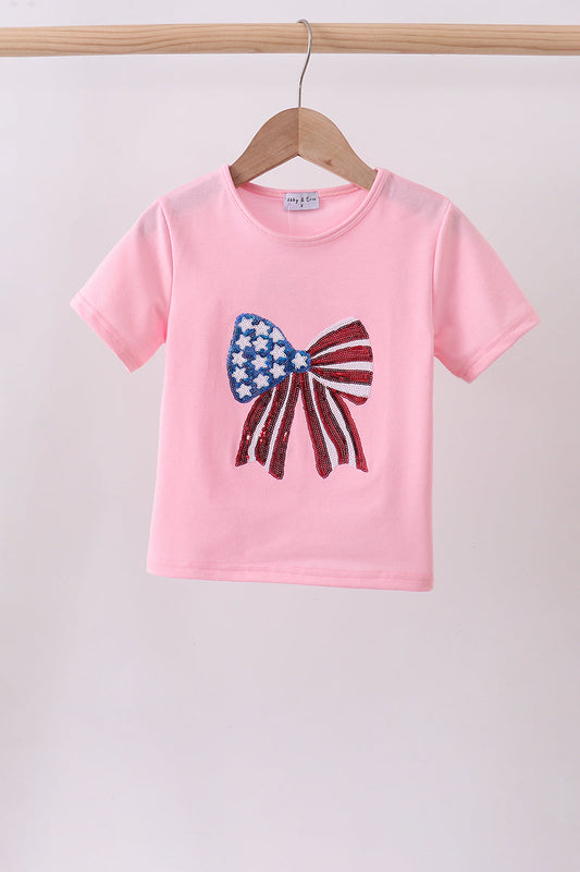 Pink flag bow sequin mom&me top