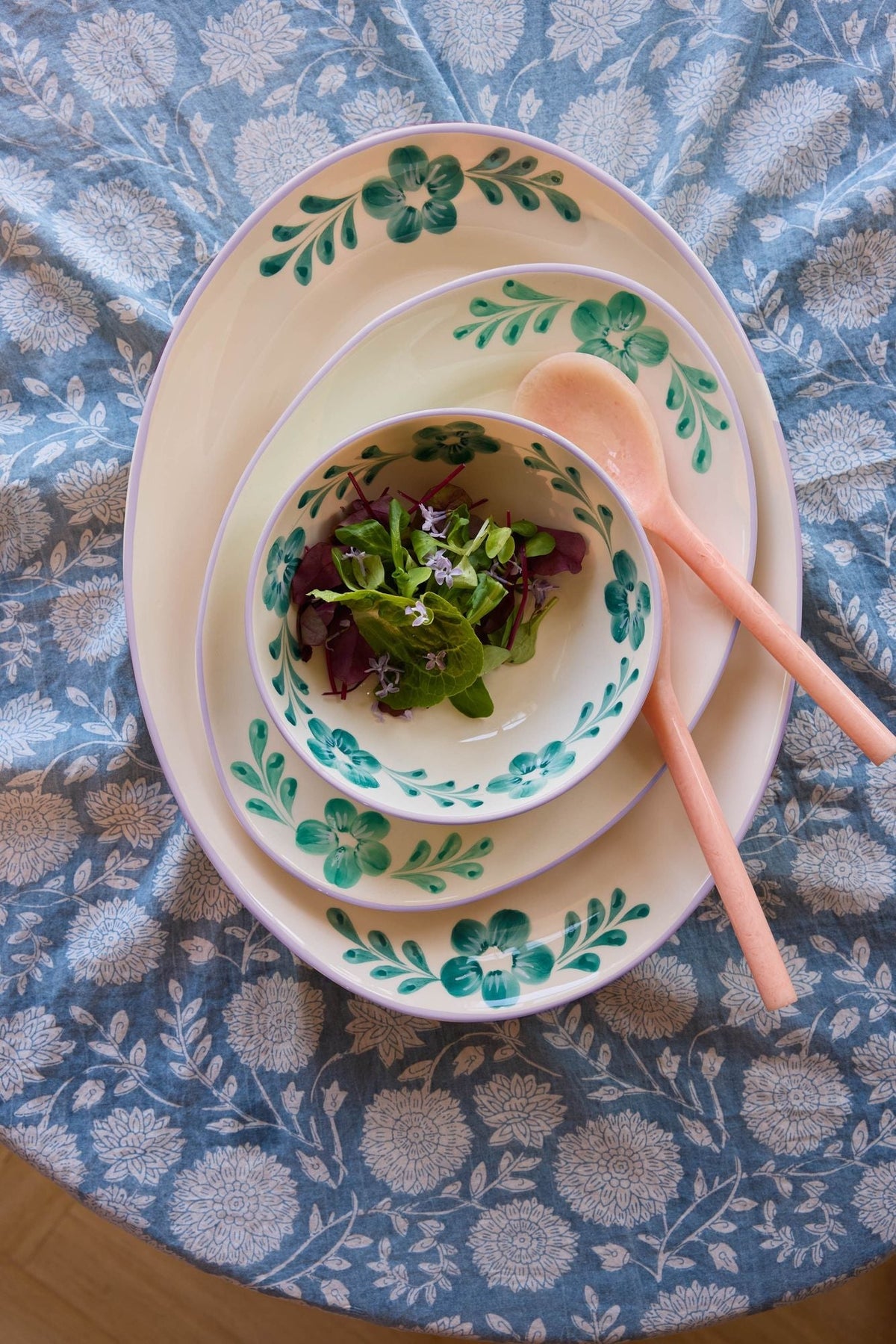 Ceramic Serving Platter with Hand-painted Green Flower Vine - Large