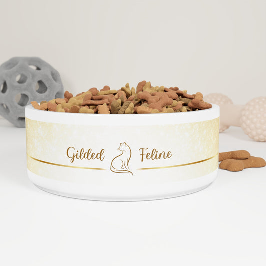 Gilded Feline Ceramic Cat Bowl | 16 oz Modern Gold Cat Design