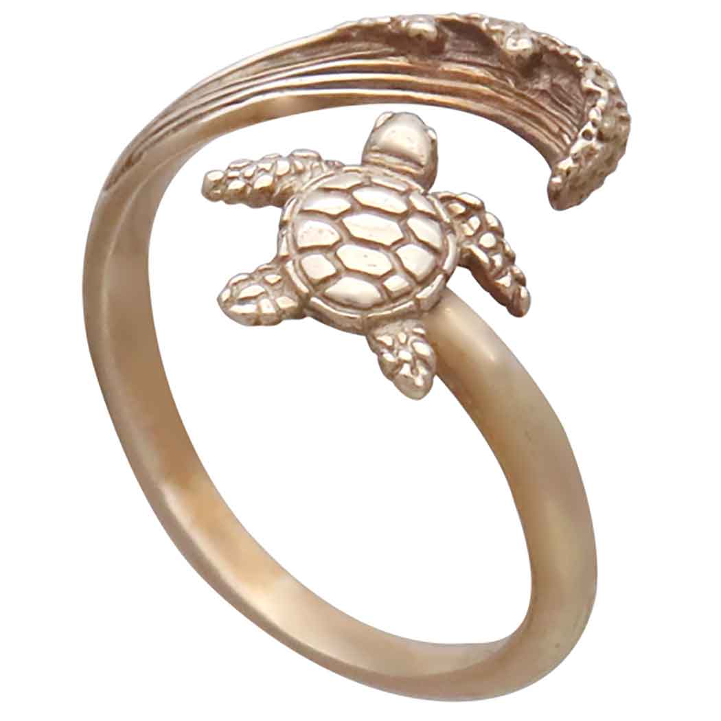 Bronze Sea Turtle and Wave Adjustable Ring – Ocean-Inspired Animal Jewelry