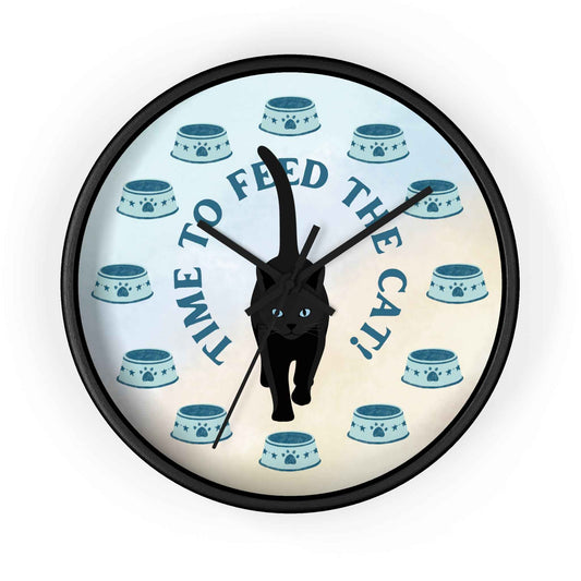 “Time to Feed the Cat!” Round Wall Clock – Black Frame, 10"