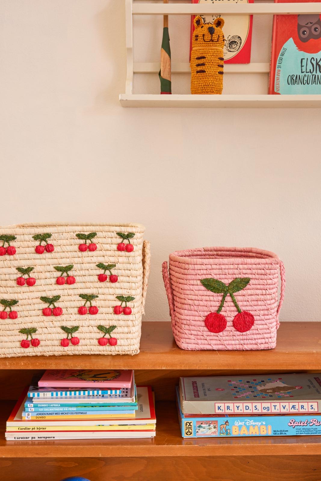 Square Raffia Basket - Pink - Cherry Design Please note: this piece ships within 2 weeks.