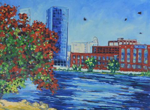 "Downtown Grand Rapids Along the River" Oil Painting on Canvas, Grand Rapids Painting on Canvas, Artist Christi Dreese