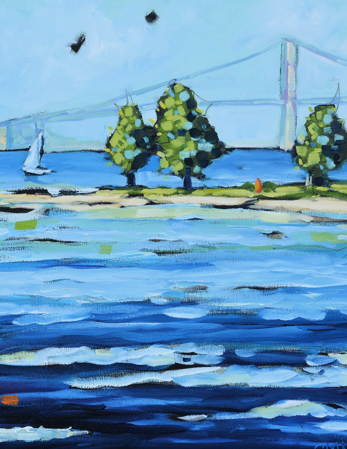 "Sailing at Mackinac Island" Mackinac Bridge Sailboat Glass Art Print