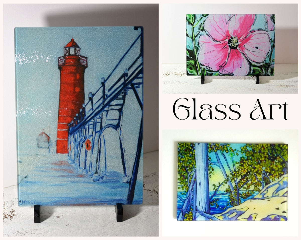 "Pink Sky at Night Lighthouse" Grand Haven Sunset Lighthouse Glass Art Print