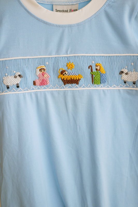 Blue nativity hand smocked romper
