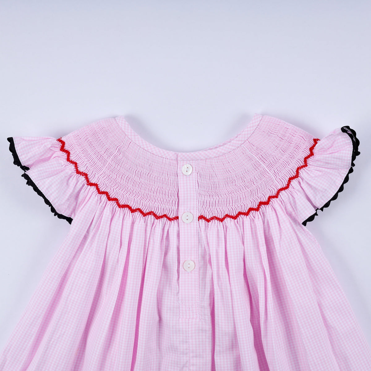 Red character hand smocked plaid ruffle dress