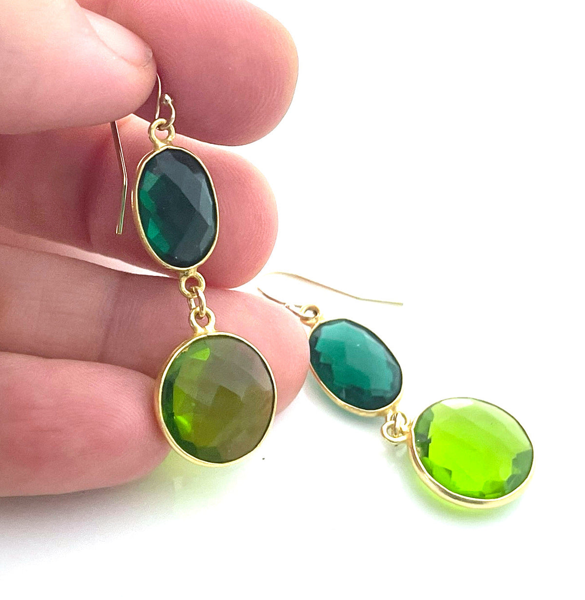Green Envy Earrings – Peridot & Emerald Hydro Quartz, 14k Gold Fill, Handmade (2”)