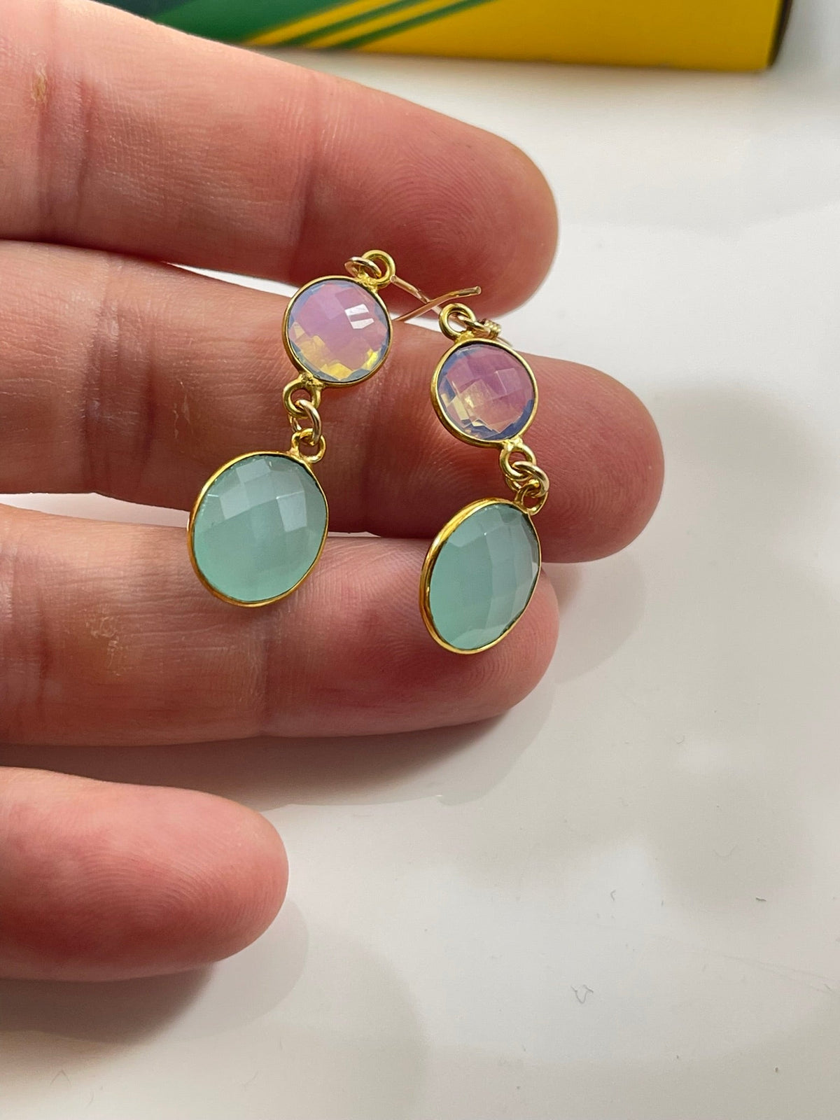 Opalite & Aqua Chalcedony Drop Earrings – 14k Gold Filled, 1.5”