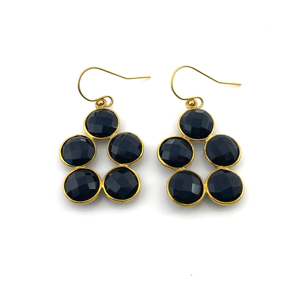 Black Onyx Cluster Drop Earrings – 14k Gold Filled Bezel Design – Handmade in Raleigh NC – 1.25" Gift-Boxed Jewelry