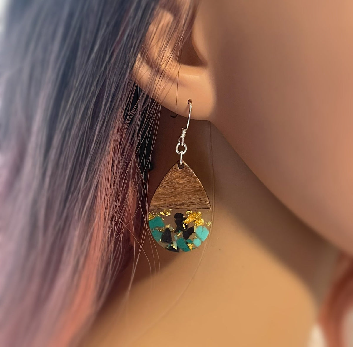 Upcycled Wood & Resin Teardrop Earrings – Sterling Silver Hooks – Handmade in Raleigh