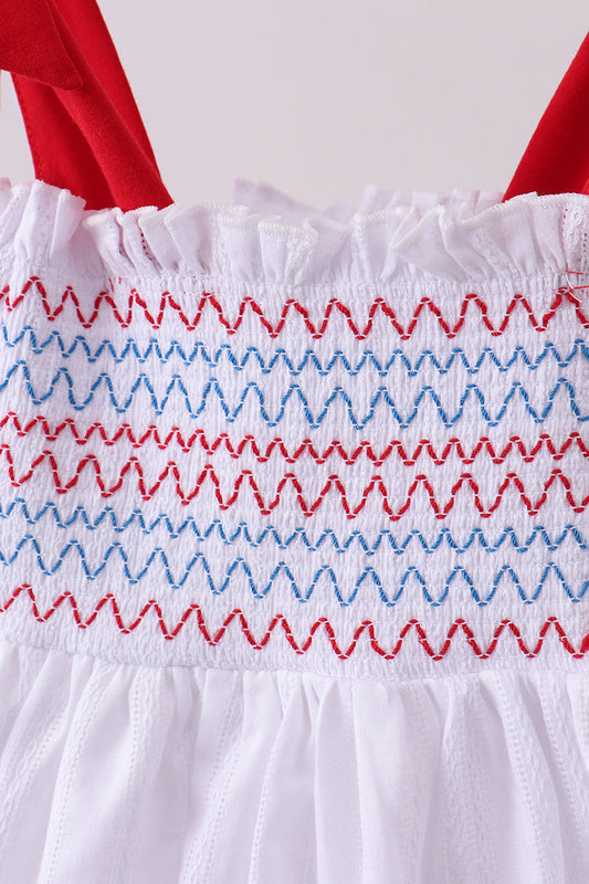 White smocked jacquard ruffle dress