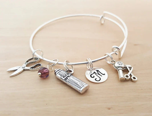 Personalized Hair Stylist Charm Bracelet – Adjustable Bangle with Birthstone & Initial