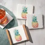 Hawaiian Pineapple - Stone Coaster Set in Wood Holder