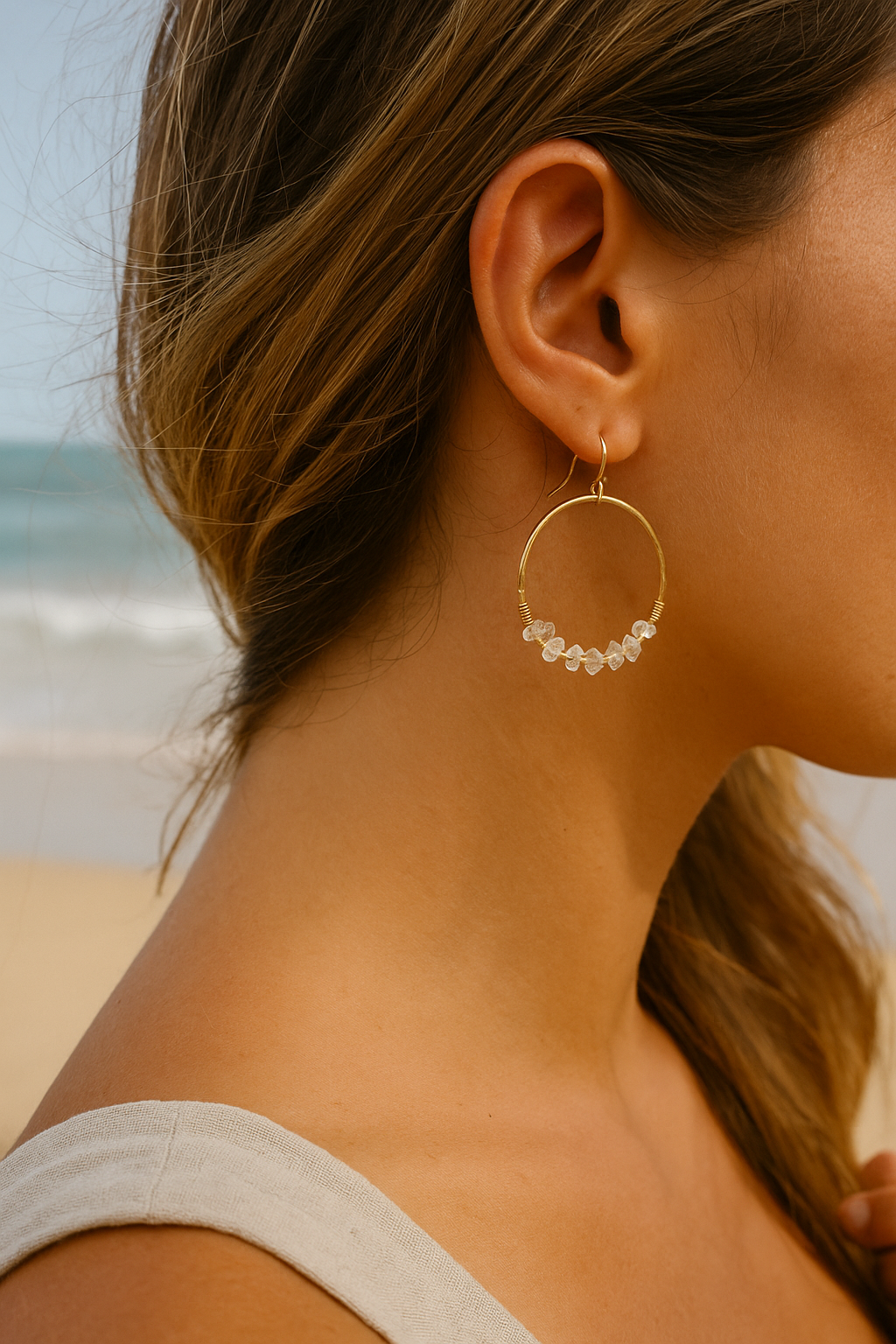 Hammered Gold Hoop Earrings with Wire-Wrapped Herkimer Diamonds – Handmade