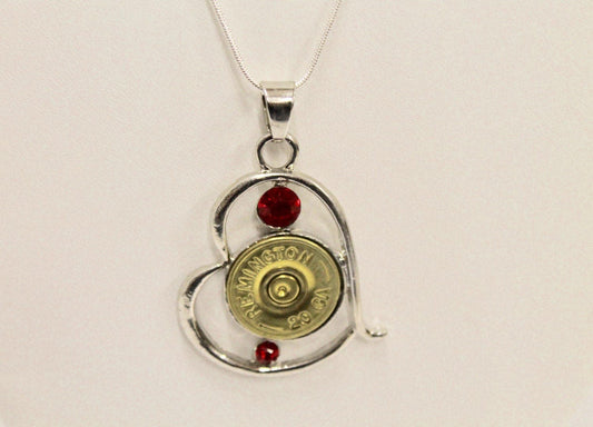 Shotgun Shell Jewelry, Red Stone Silver Heart Shotgun Shell Necklace, Shooting Sports Gift For Her, Girlfriend Gift, Southwestern Style Gift