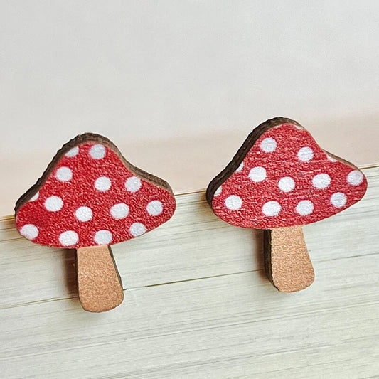 Wooden Mushroom Stud Earrings – Red Polka Dot Cottagecore Studs