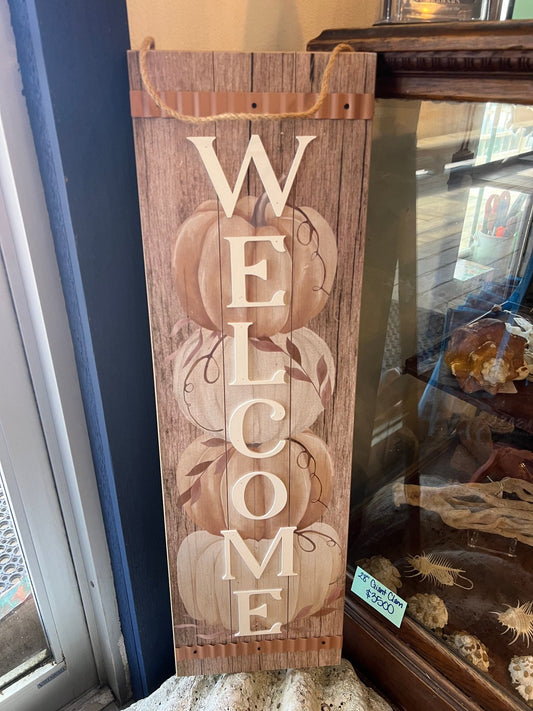 Rustic Welcome Pumpkin Sign - Autumn Fall Porch Decor with 4 Natural Pumpkins