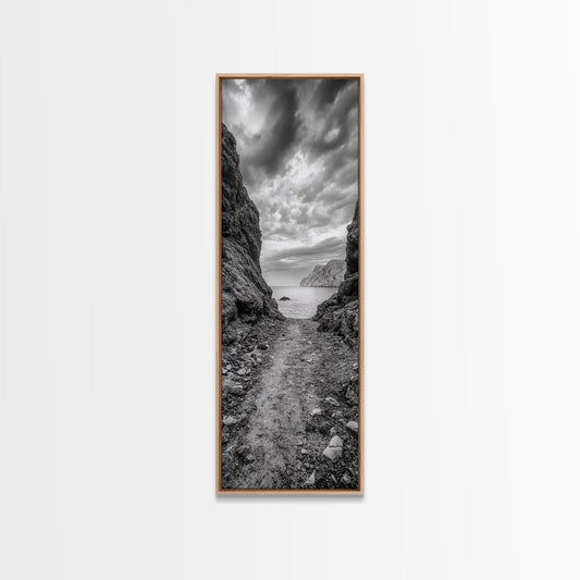 Rocky Pathway, Seaside Trail, Cloudy Horizon, Framed Canvas Print, Moody Coastal Wall Art, Nature Inspired, Monochrome Travel Decor