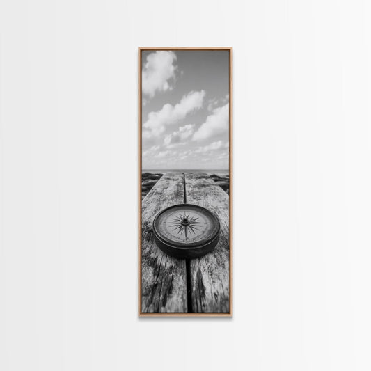 Vintage Compass, Weathered Wood, Ocean Horizon, Canvas Print, Nautical Wall Art, Study Room Decor, Travel Adventure Theme, Library Decor