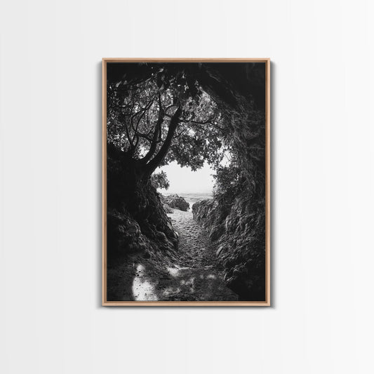 Hidden Beach, Cave Entrance, Secret Shoreline, Natural Light, Canvas Print, Bathroom Wall Decor, Travel Inspired Art, Black And White