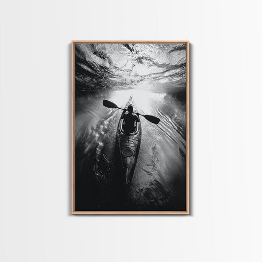 Kayaking Exploration, River Reflections, Adventure Sport, Framed Canvas Print, Office Wall Art, Moody Travel Photography, Nature Wall Decor