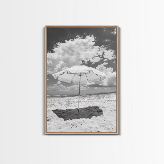 Beach Umbrella, Sunny Escape, Coastal Cloudscape, Framed Canvas Print, Summer Vibe Wall Art, Outdoor Living Decor, Travel Mood