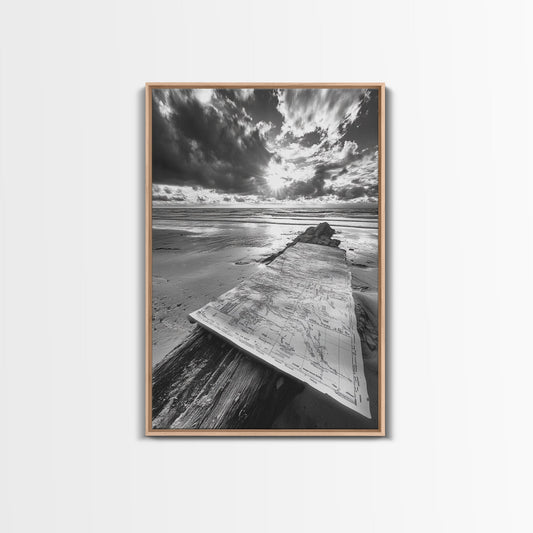 Map On Beach, Travel Adventure Art, Wanderlust Decor, Coastal Office Style, Framed Canvas Print, Explorer Aesthetic, Black White Scene