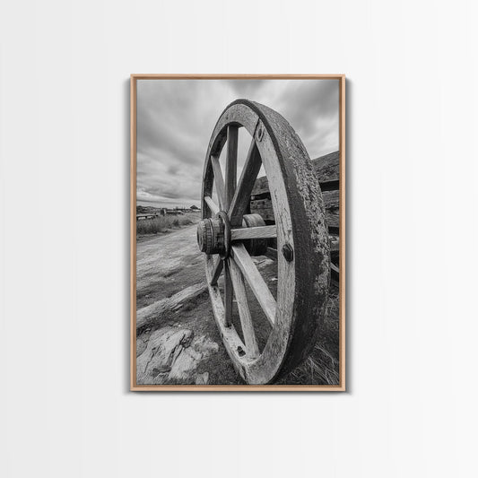 Rustic Wagon Wheel, Country Road, Western Wall Decor, Framed Canvas Print, Farmhouse Style, Living Room Art, Vintage Photography