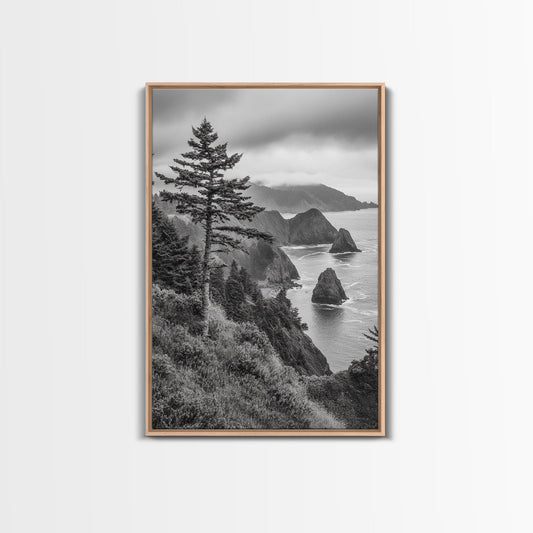 Oregon Coastline View, Misty Cliffs, Evergreen Forest, Coastal Vibes, Framed Canvas Print, Rustic Cabin Art, Living Room Wall Decor