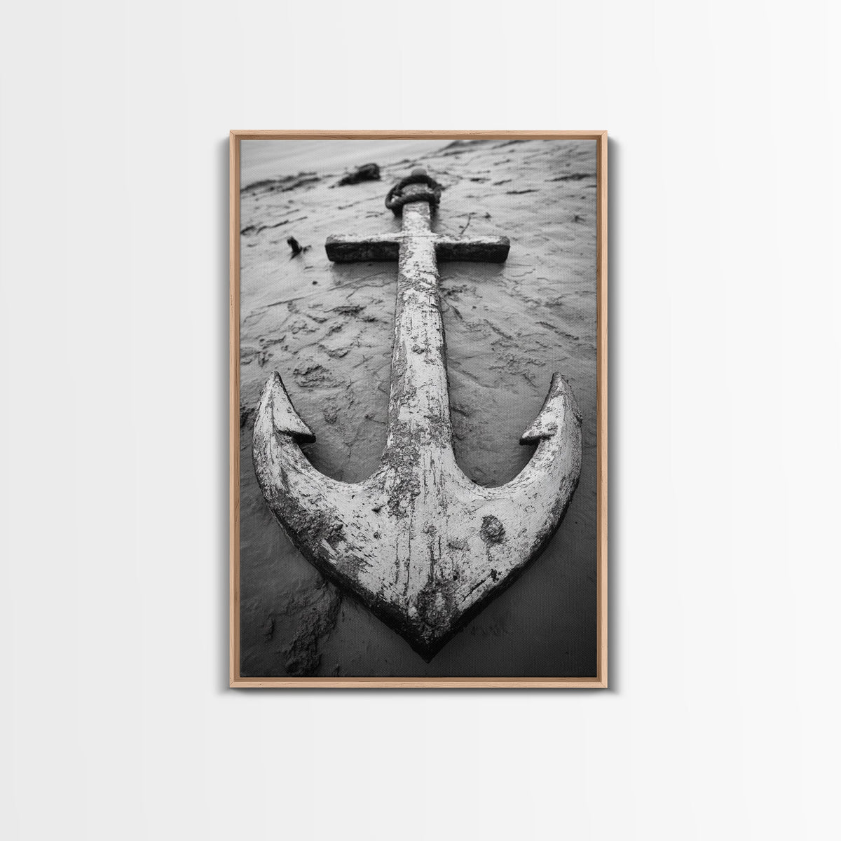 Abandoned Anchor, Nautical Decor, Black White Beach, Framed Canvas Print, Rustic Coastal Wall Art, Entryway Nautical Accent